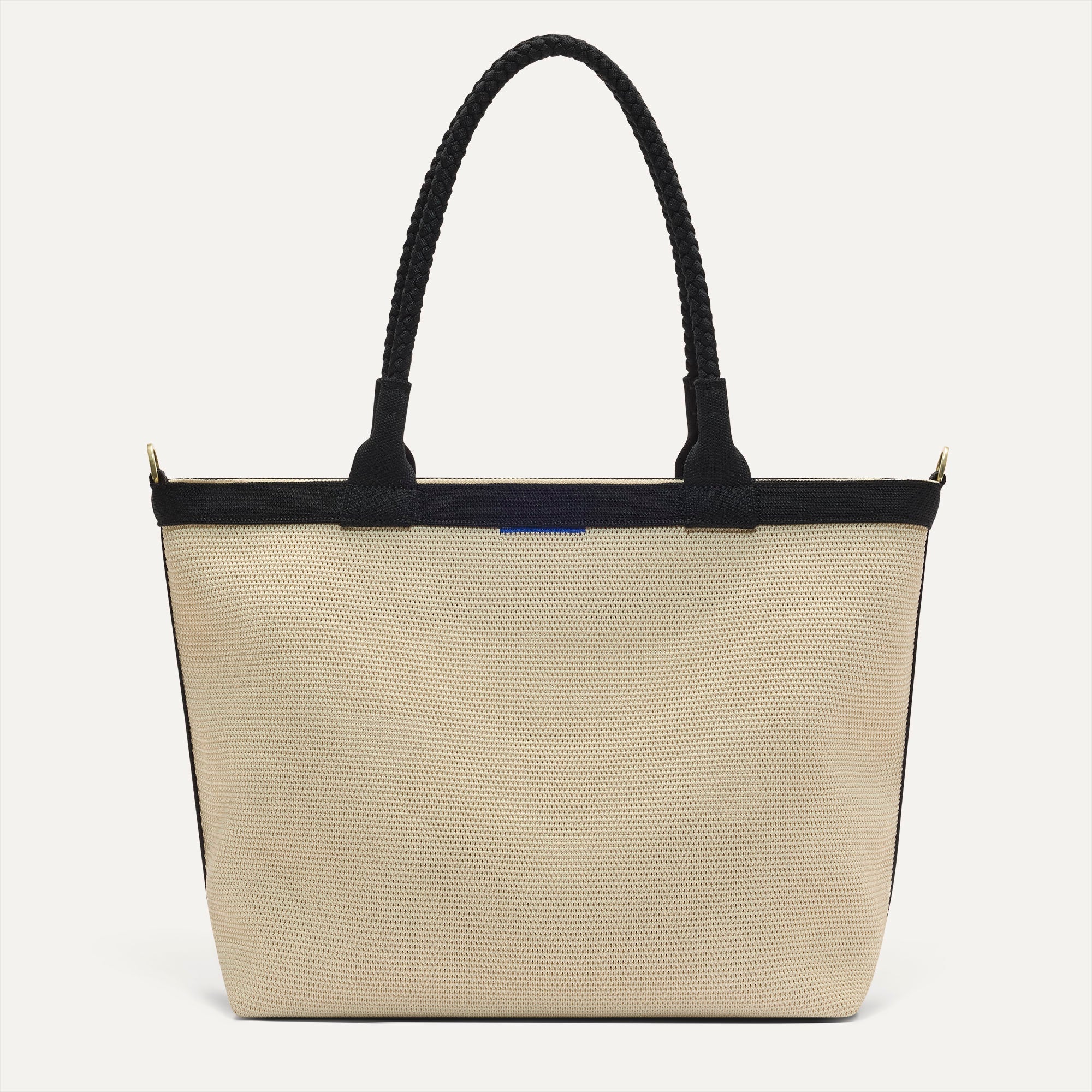 PLP |The Lightweight Zip Tote in Black and White Raffia-Knit shown from the front.