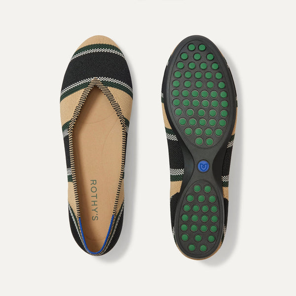 PLP |The Daily Flat in Hickory Stripe shown from the top with one shoe showing the outsole. 