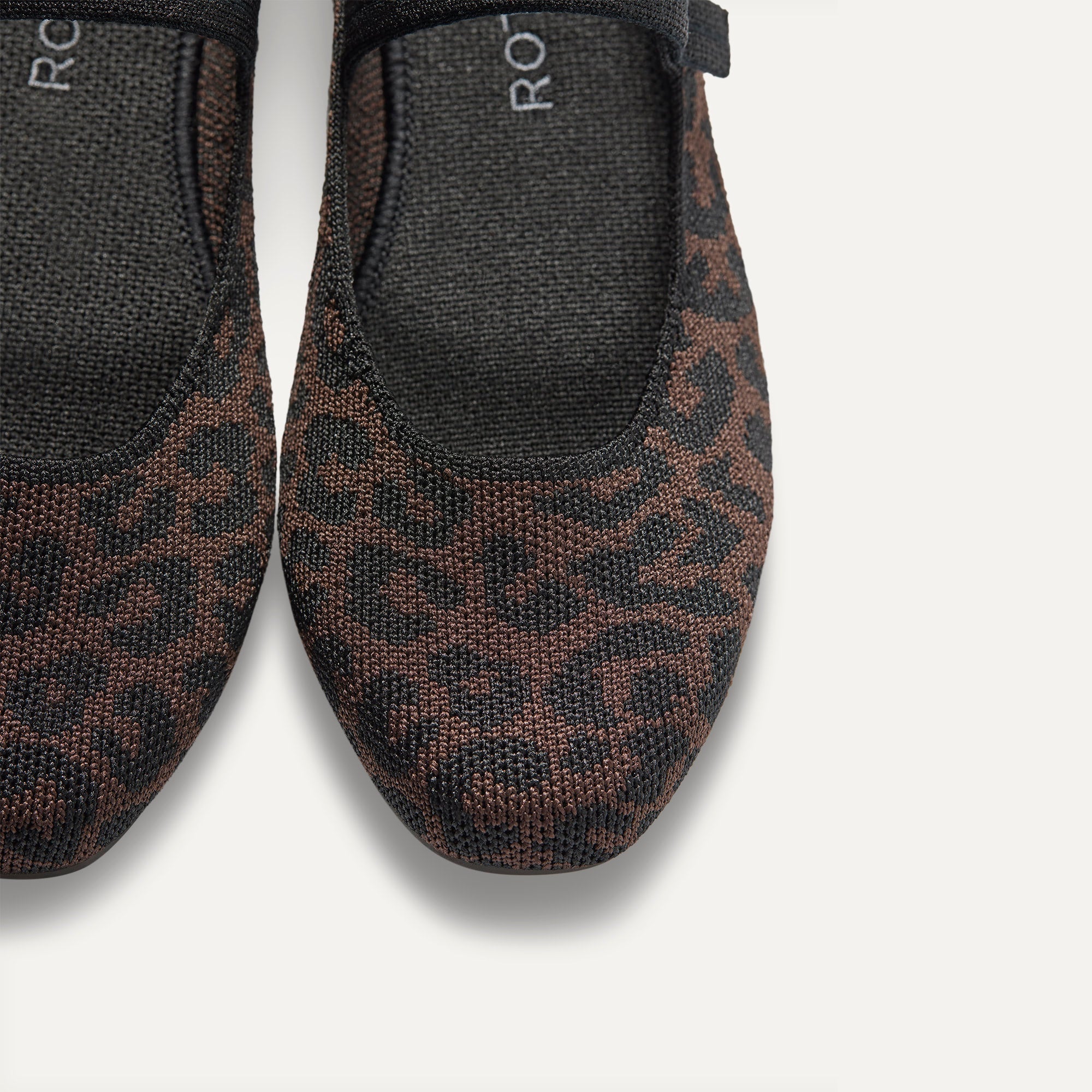 Top view of the square toe and rounded vamp of The Square Mary Jane in Classic Cheetah. 